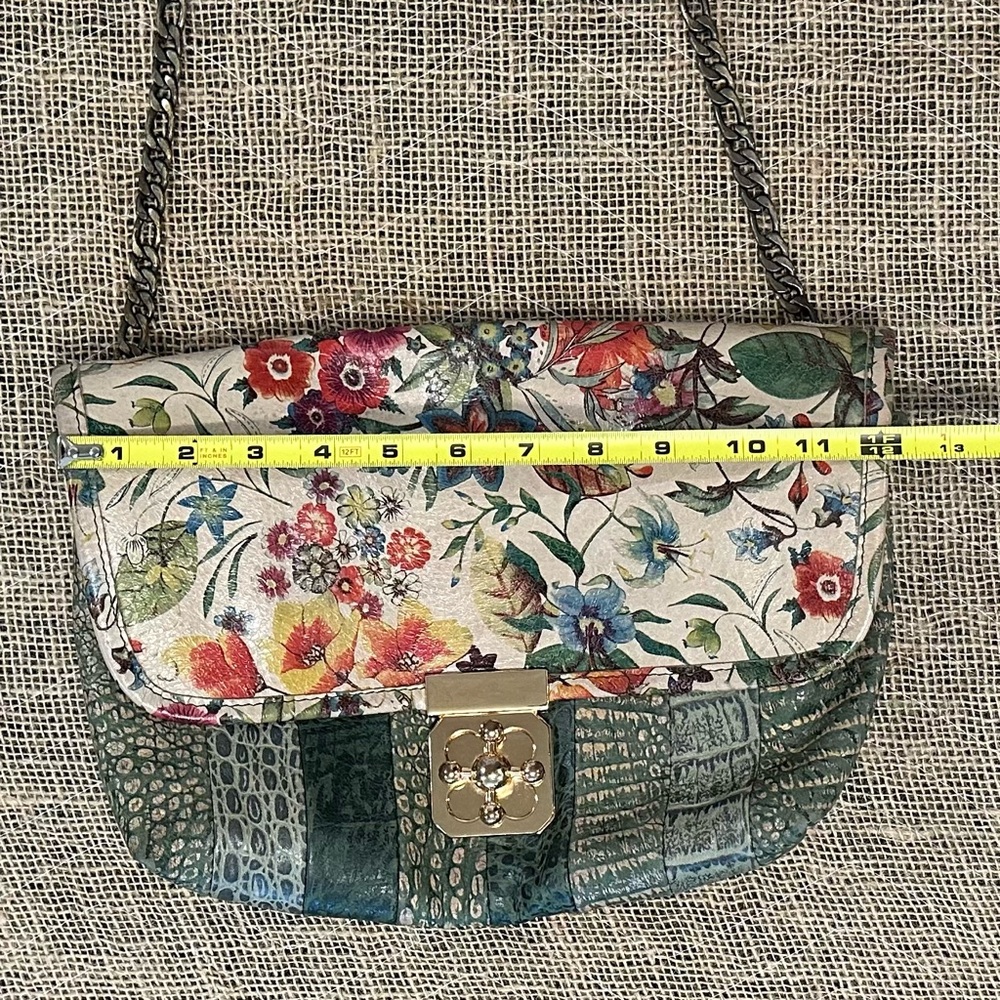 Floral & Green Leather Crossbody Bag Purse Satchel Art to Wear Boho Lagenlook - Picture 8 of 14